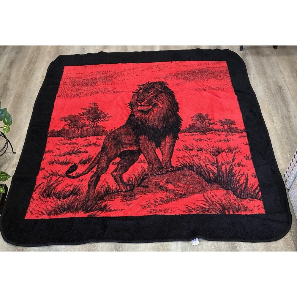 San Marcos Blanket Sz Queen Red Black Cobija Lion Bengala 90x79 Reversible